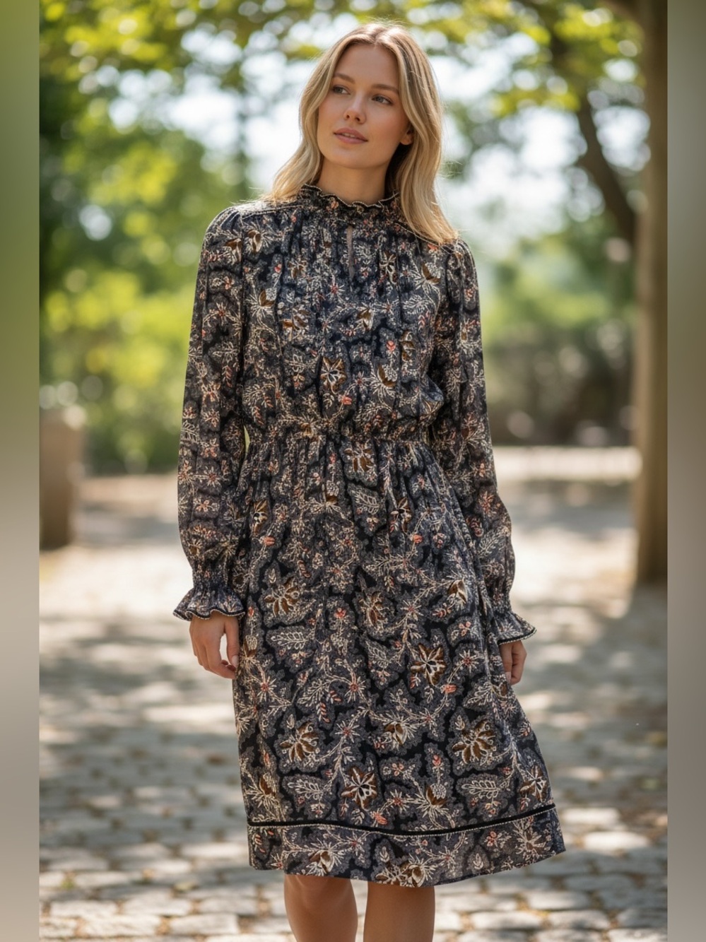 ME+EM Black Floral High-Neck Smocked-Waist Long-Sleeve Midi Dress
